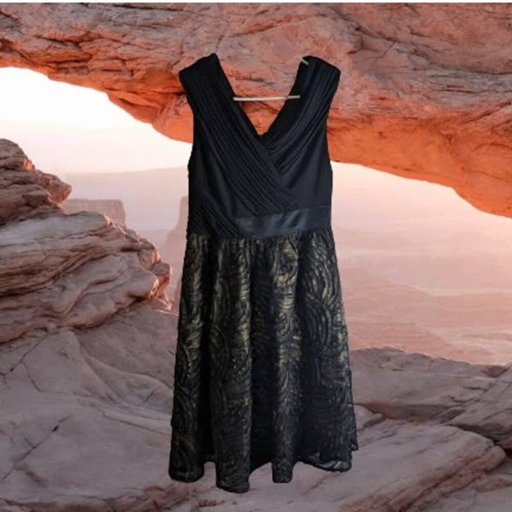 Adrianna Papell 4 black and gold with rosettes A-lined dress w/ruched top. Party